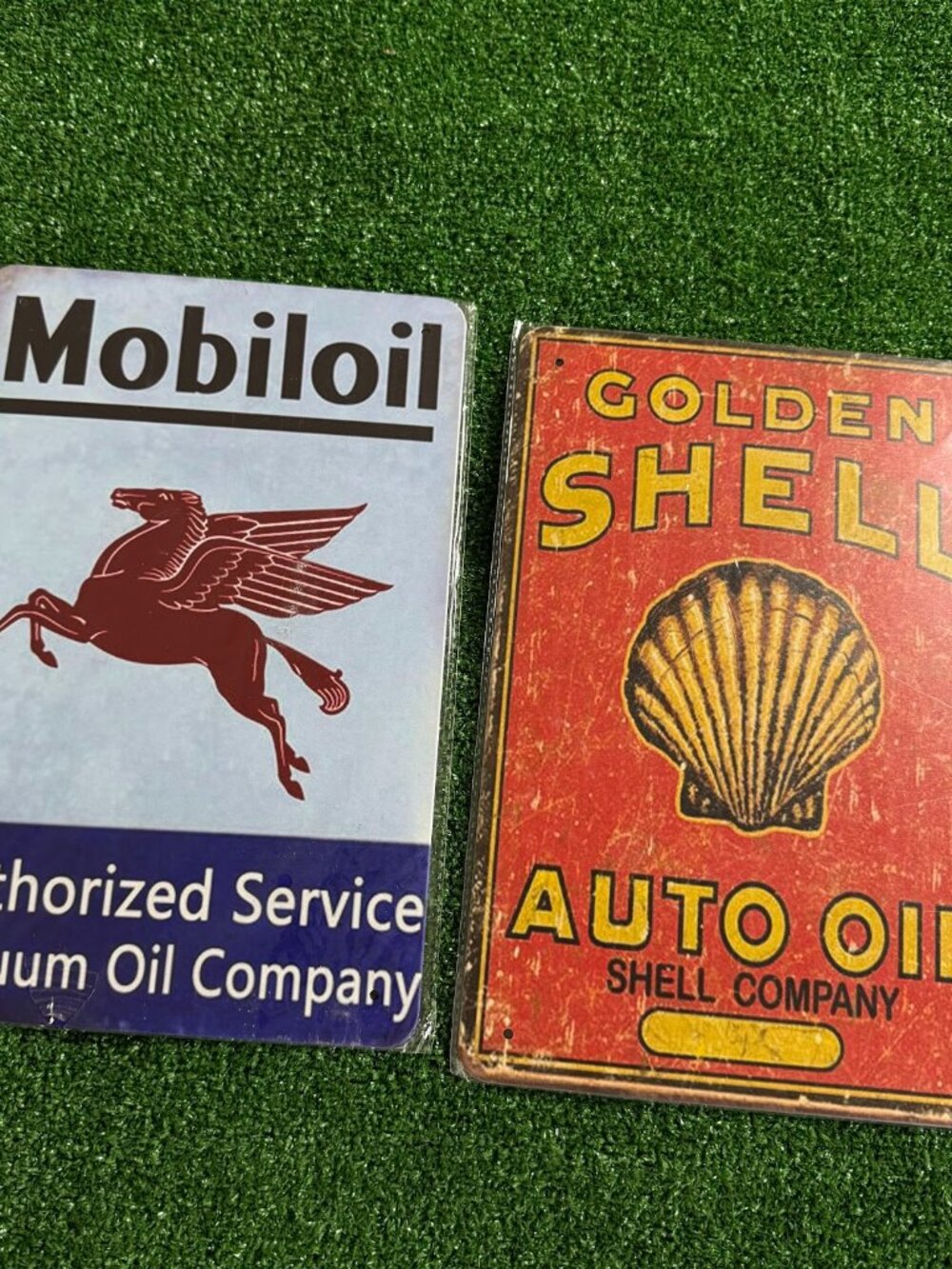 Set of 2 Retro Shell & Mobil Motor Oil Garage Gas Station Tin Signs 8x11.75" NEW